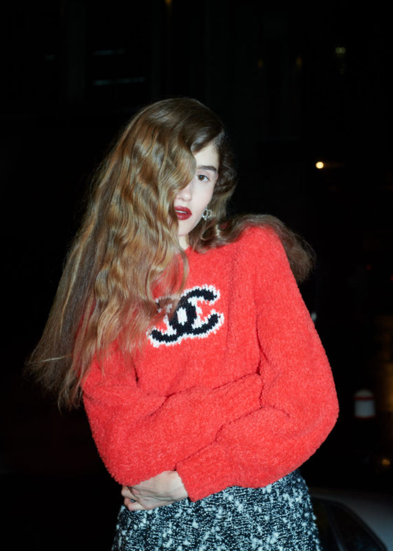 ROUGE ALLURE VELVET EXTREME LIPSTICK CHANEL BEAUTY, LOGO SWEATER, PANTS AND EARRINGS CHANEL Benedikt Frank - Lampoon Issue 18