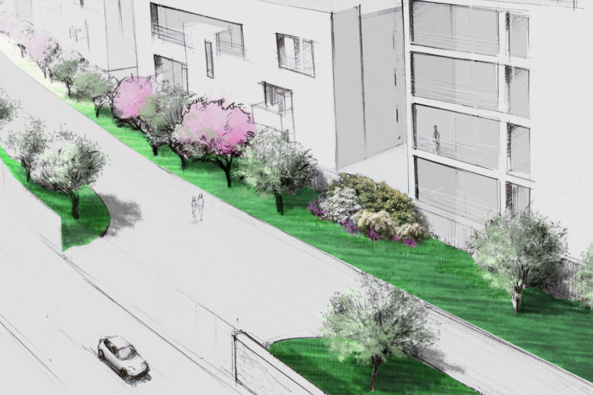 Sketch di un giardino condominiale. Courtesy Studio Giuntoli Bellesi