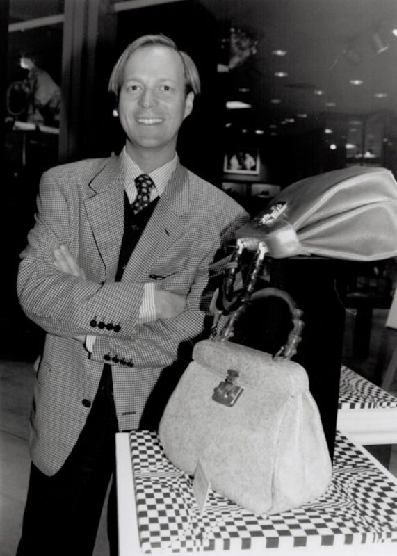 Richard Lambertson, Gucci design director and the old Gucci bamboo-handled handbag from the ’50s, 1991