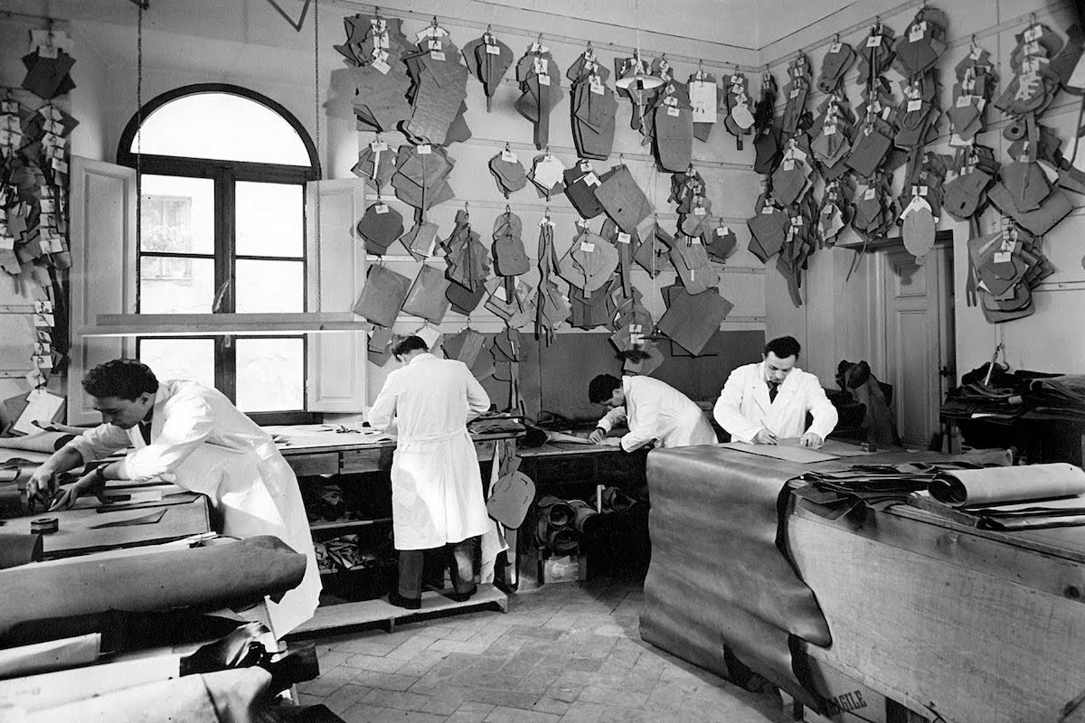 Interior of the Gucci factory in Florence, leather processing workshop, 1953