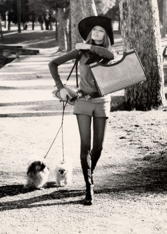 Veruschka in a Gucci look walking with her dogs, Rome, 1971