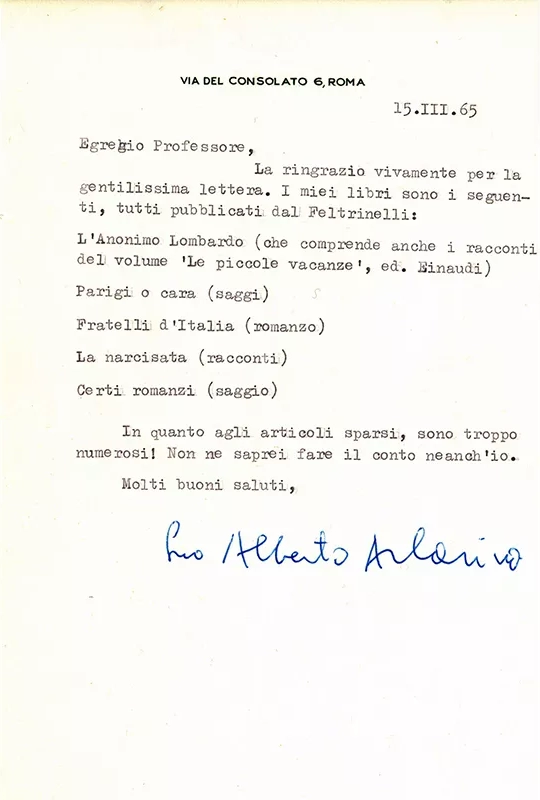 Lettera dattiloscritta firmata, Alberto Arbasino, 1965