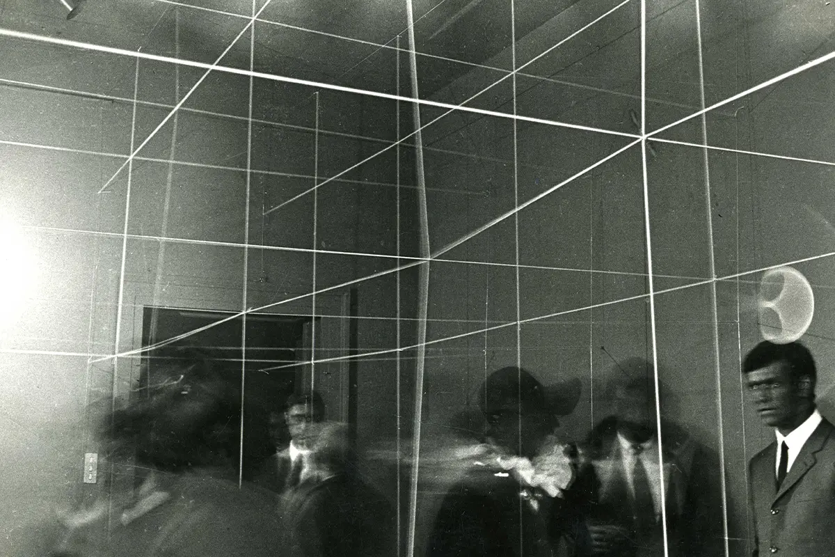 Elastic space, 1967. Fluorescent elastics, electric motors, Wood's lamp