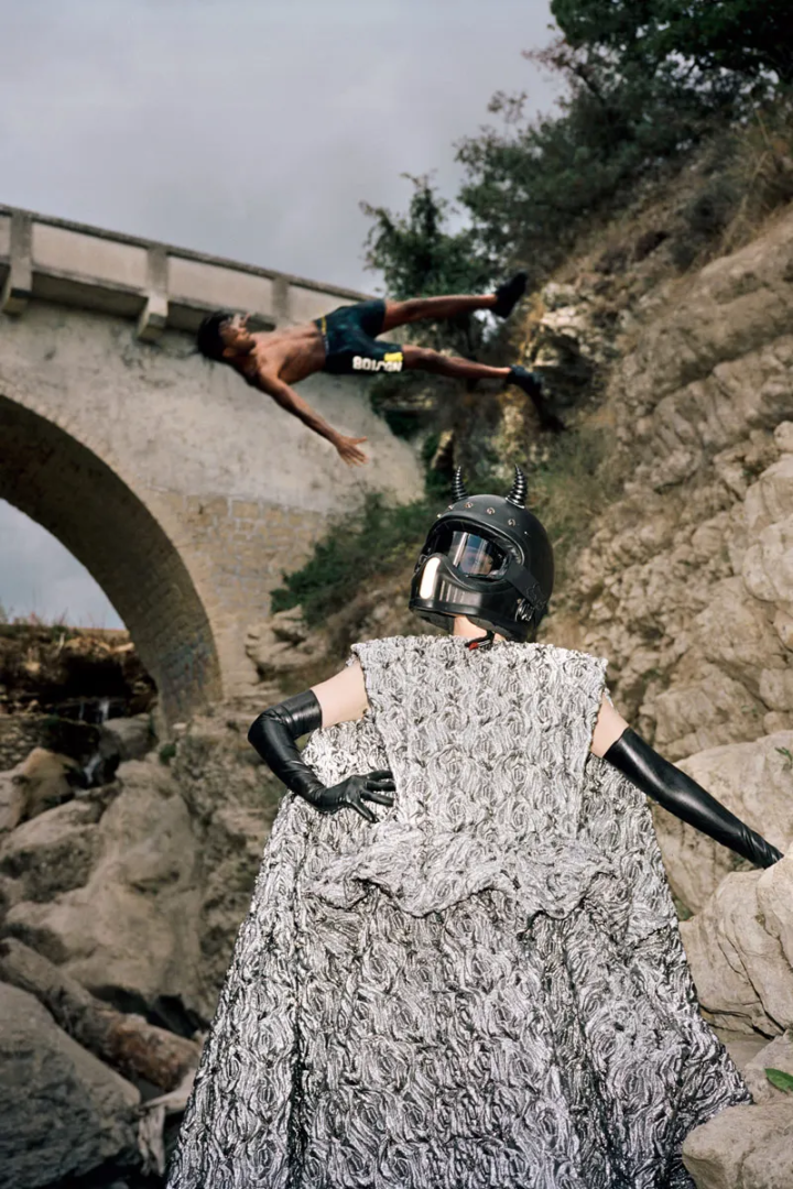 Dress Louis Vuitton Resort 2023, helmet stylists own. Photography Maxime Ballesteros, styling Damèse Savidan