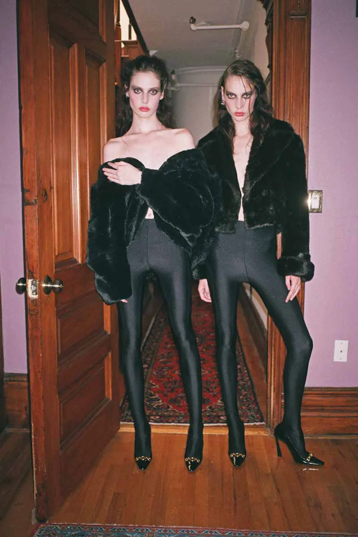 Fake fur coat, leggings and shoes all Saint Laurent