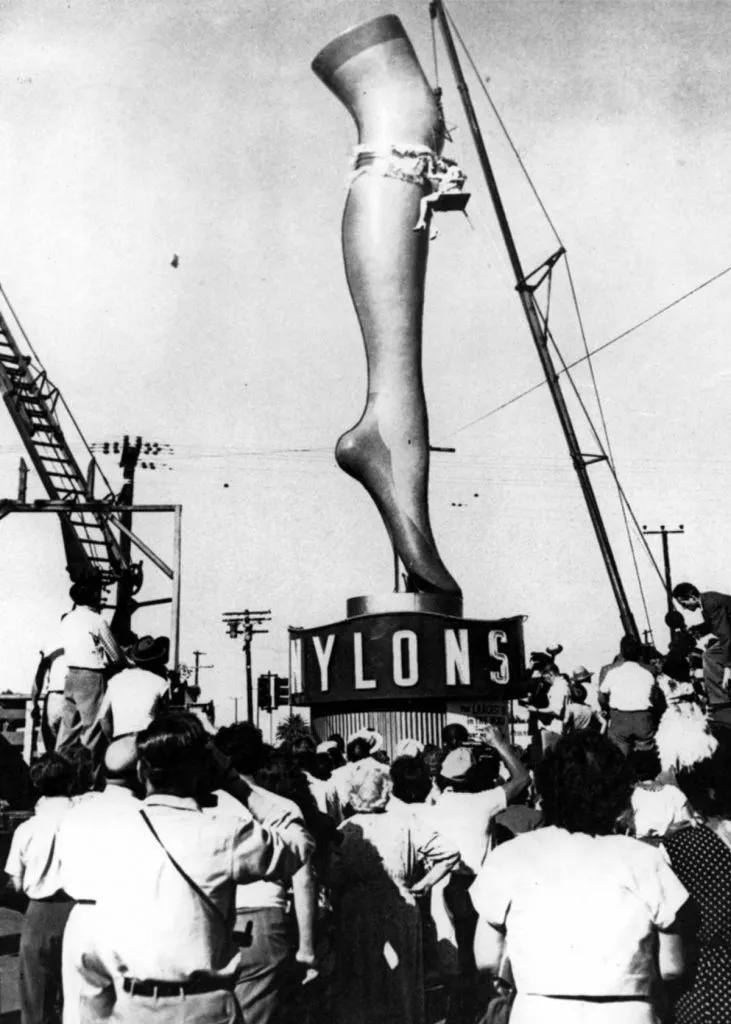 Lampoon, A giant leg advertised nylons. Courtesy Hagley Museum and Library