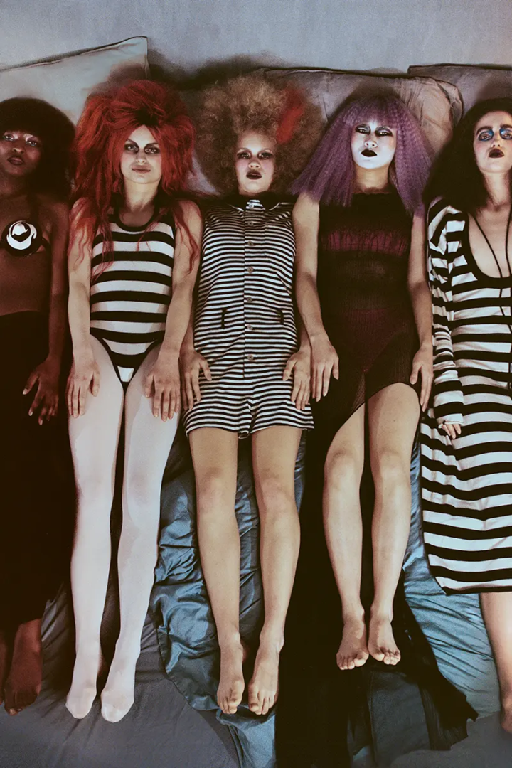 from left, bra CHISENGA LEATHERS, pants SINI SAAVALA; body suit EXTREME CASHMERE; jump suit ROSA KAMPINGA; dress PALOMA WOOL, underwear SKIMS; dress EXTREME CASHMERE