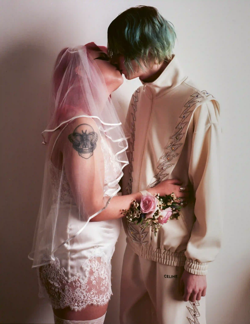 slip dress and veil stylists own, bracelet THE VXLLEY; tracksuit CELINE HOMME