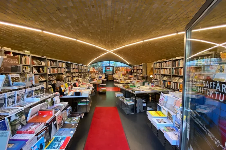The bookstore is named Buucherbogen, which means books arch