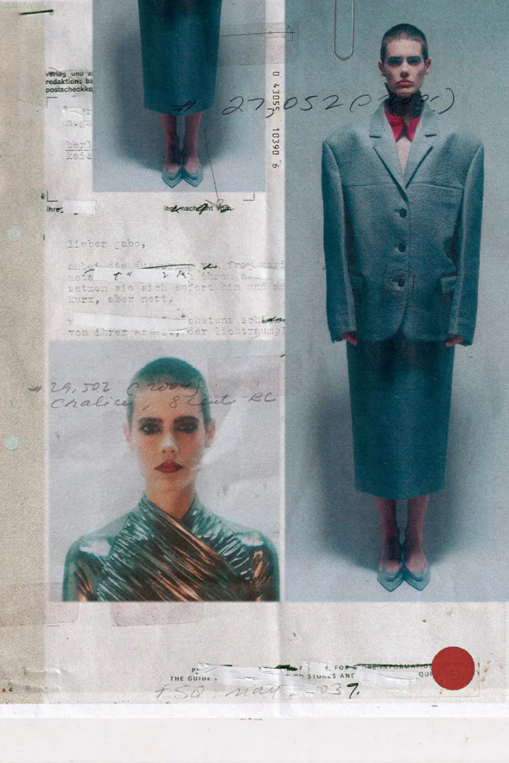 Blazer, shirt, skirt and shoes Prada, lurex dress Ferragamo. Artwork Paige Viti, photography Boe Marion, styling Kirby Marzec