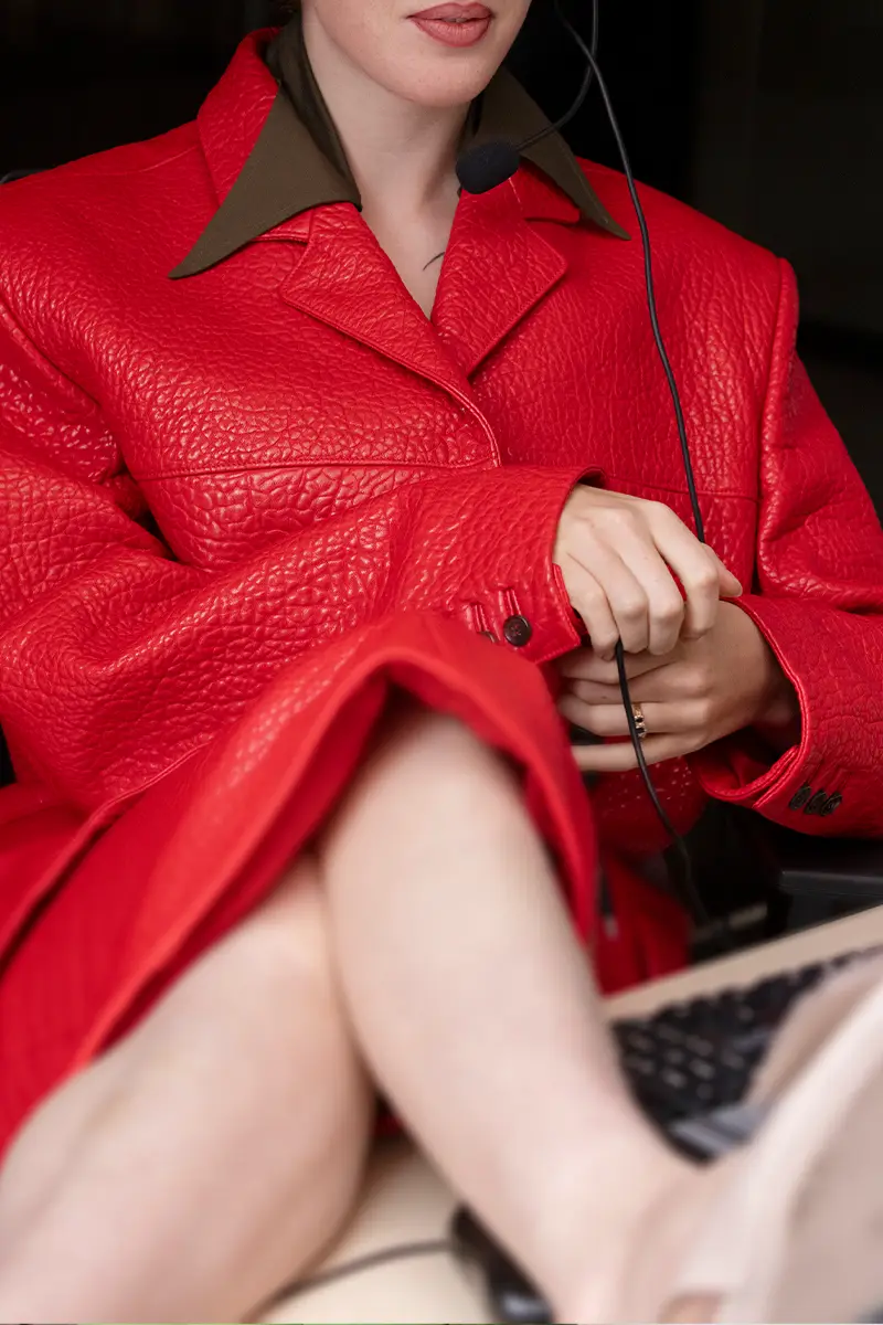 Lampoon, red leather blazer, skirt and shoes Prada. Photography Winter Vandenbrink, styling Niki Pauls. Photography Winter Vandenbrink