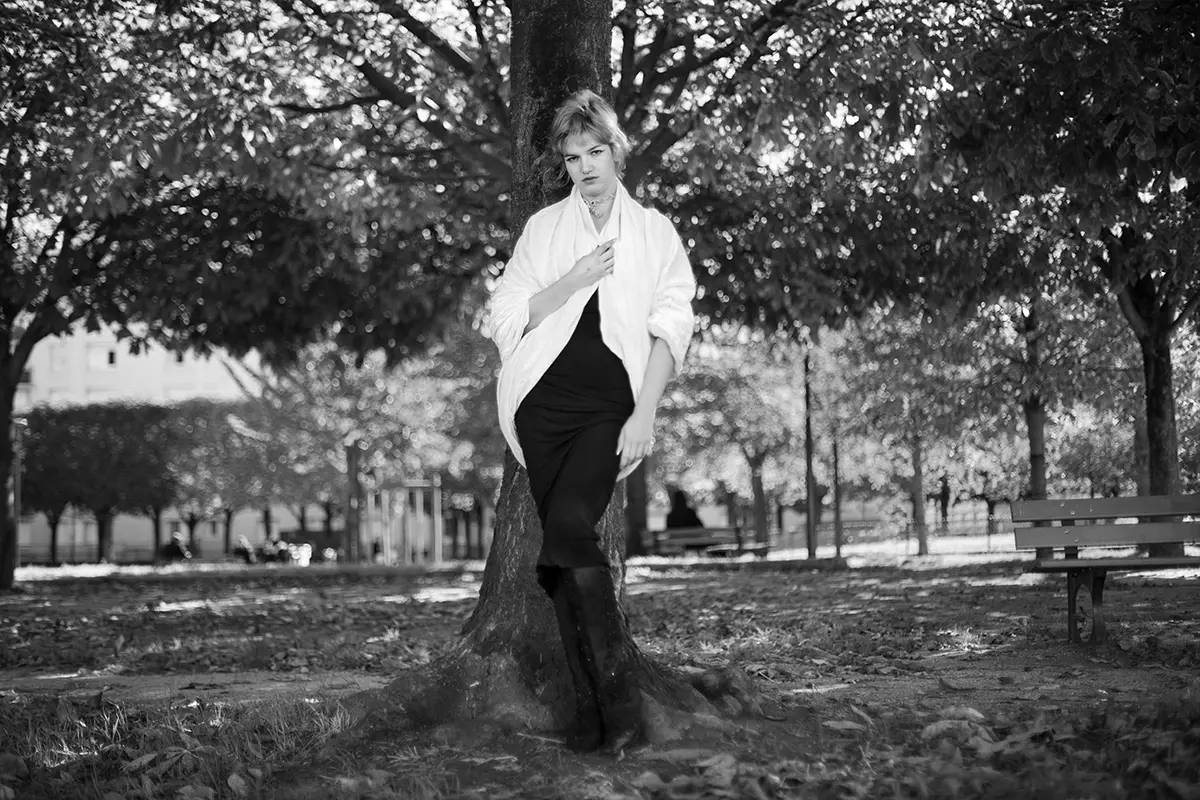 Coat Loewe, vintage dress Jean Paul Gaultier, vintage boots and necklace Christian Lacroix