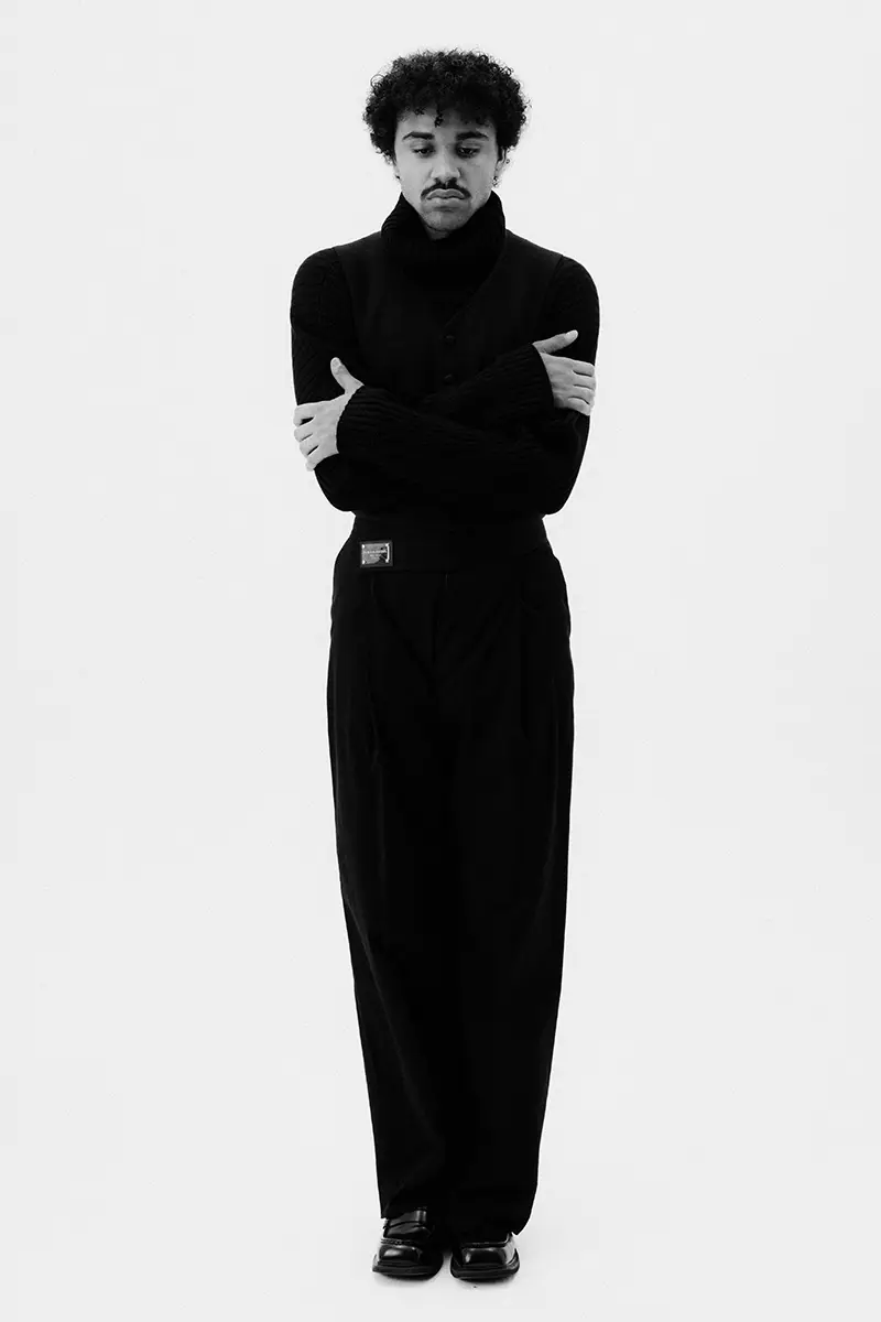 Lampoon, Langston Uibel wears jumper, gilet, pants and shoes Dolce&Gabbana.Photography Jingxiong Qiao, styling Hauke Stark