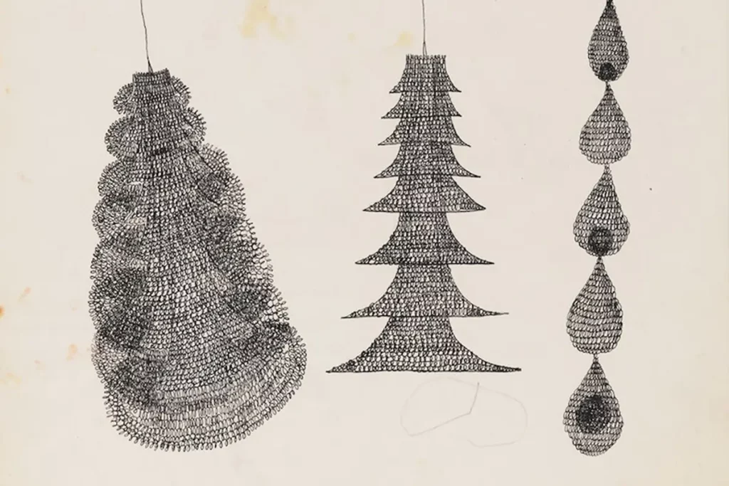 Lampoon, Ruth Asawa, Looped-wire sculpture, 1952. Ink and graphite on tracing paper, 8 × 11 inches. Courtesy the Department of Special Collections, Courtesy David Zwirner