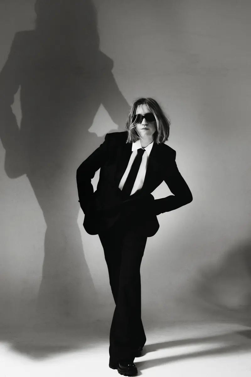 Coco Gordon Moore wearing suit, shoes and sunglasses Celine by Hedi Slimane. Photography Jiro Konami, styling Caitlan Hickey