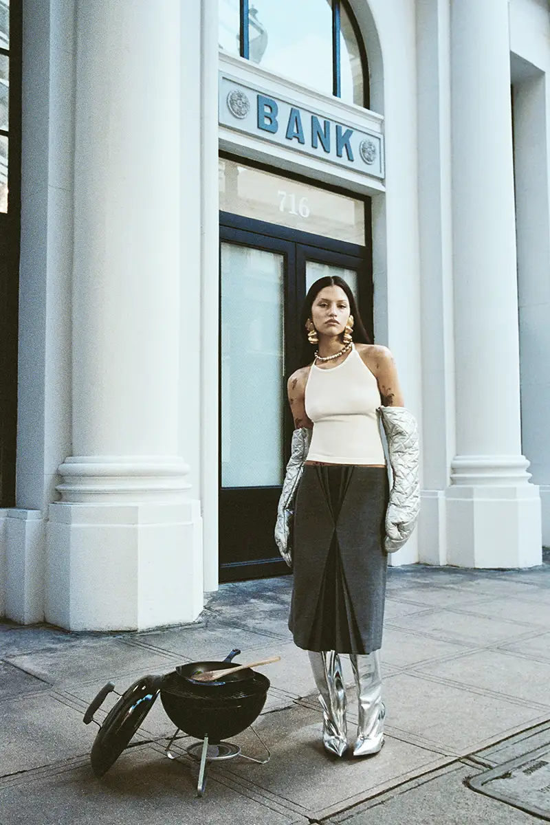 Gabbriette wearing top and skirt Fax Copy Express, boots GCDS. Photography Coni Tarallo, styling Amy Mach