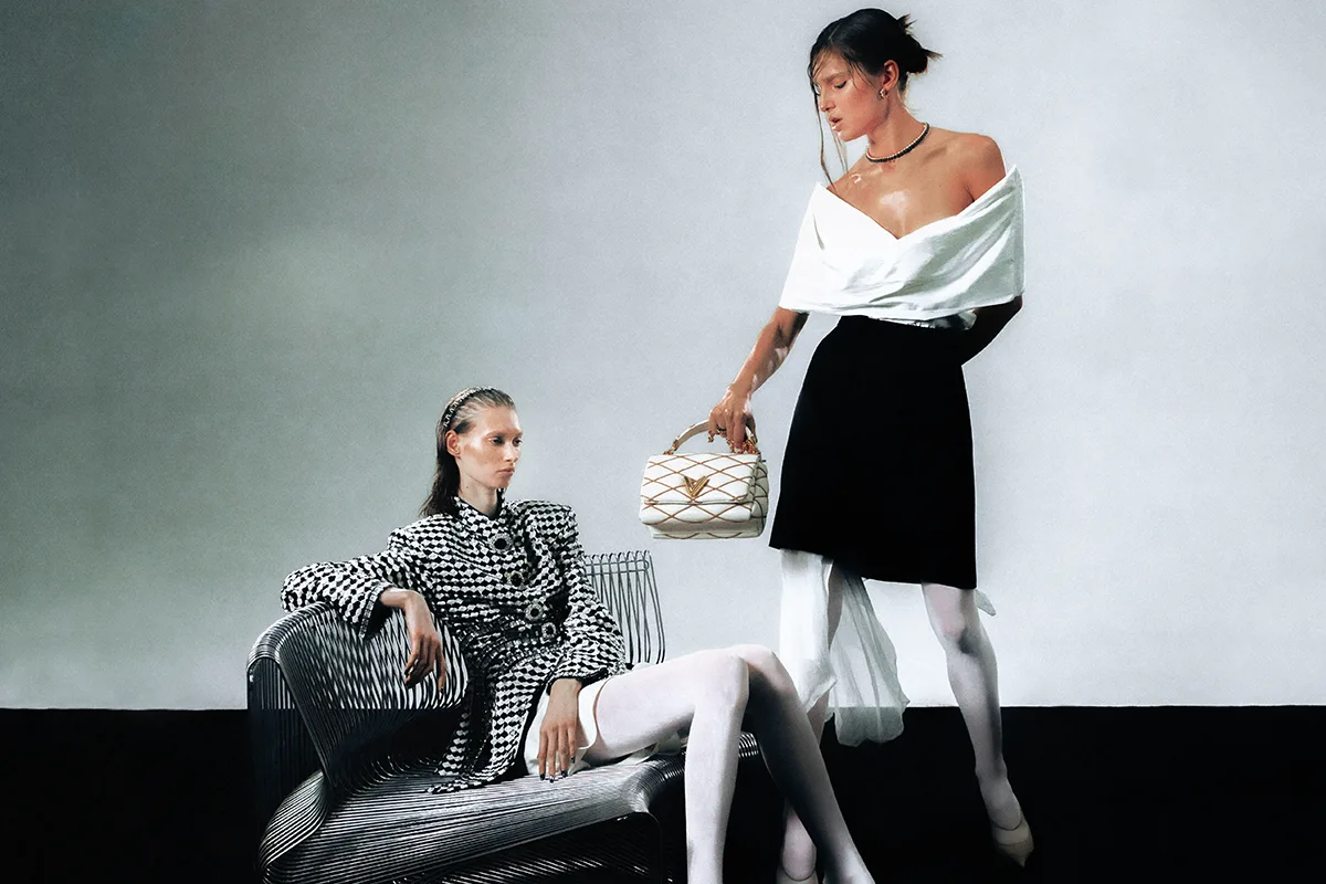 Left blazer, shorts and tights Louis Vuitton; top, skirt, bag and tights Louis Vuitton, heels Mugler, jewels Cartier. Photography Jeremy Soma.