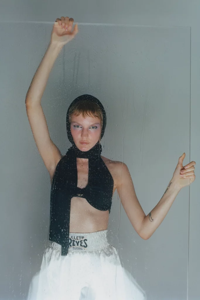 Bra scarf Diesel, vintage box shorts stylists own. Photography Tom de Peyret, styling Clotilde Franceschi