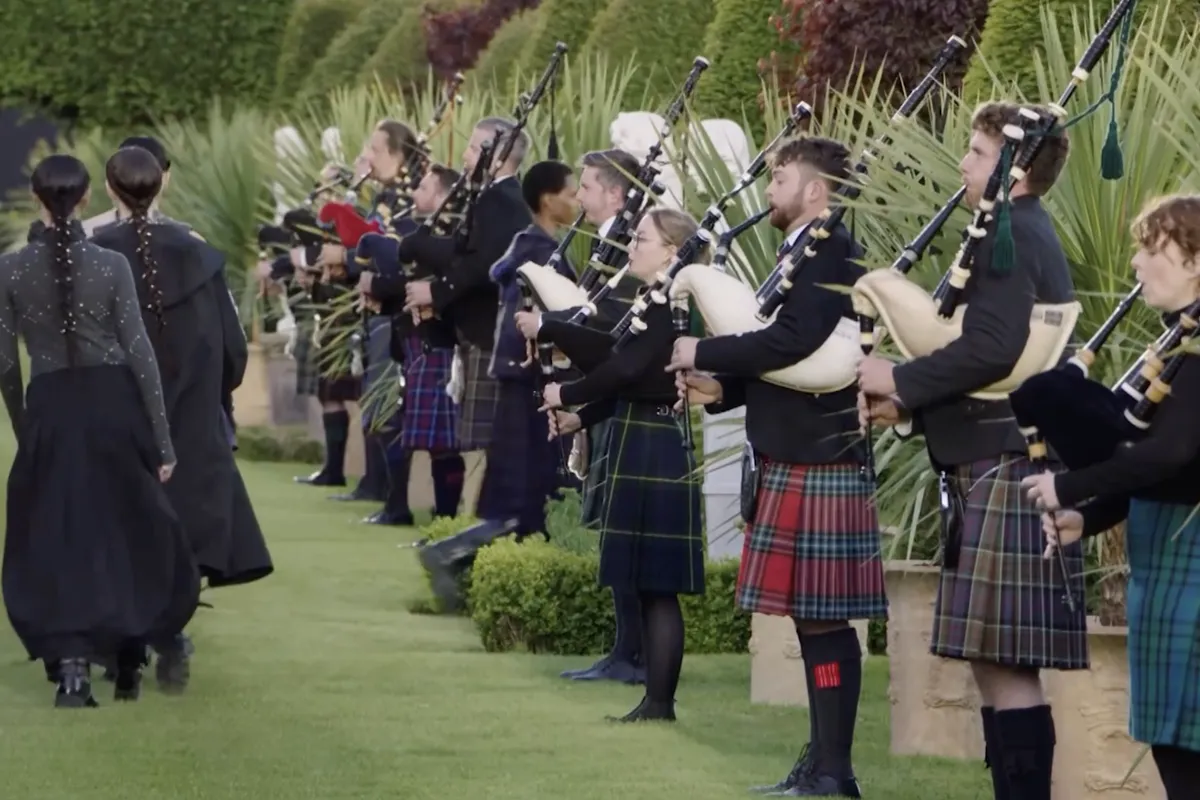 Drummond Castle, Dior Cruise 2025, Models walking next to musicians, scotland