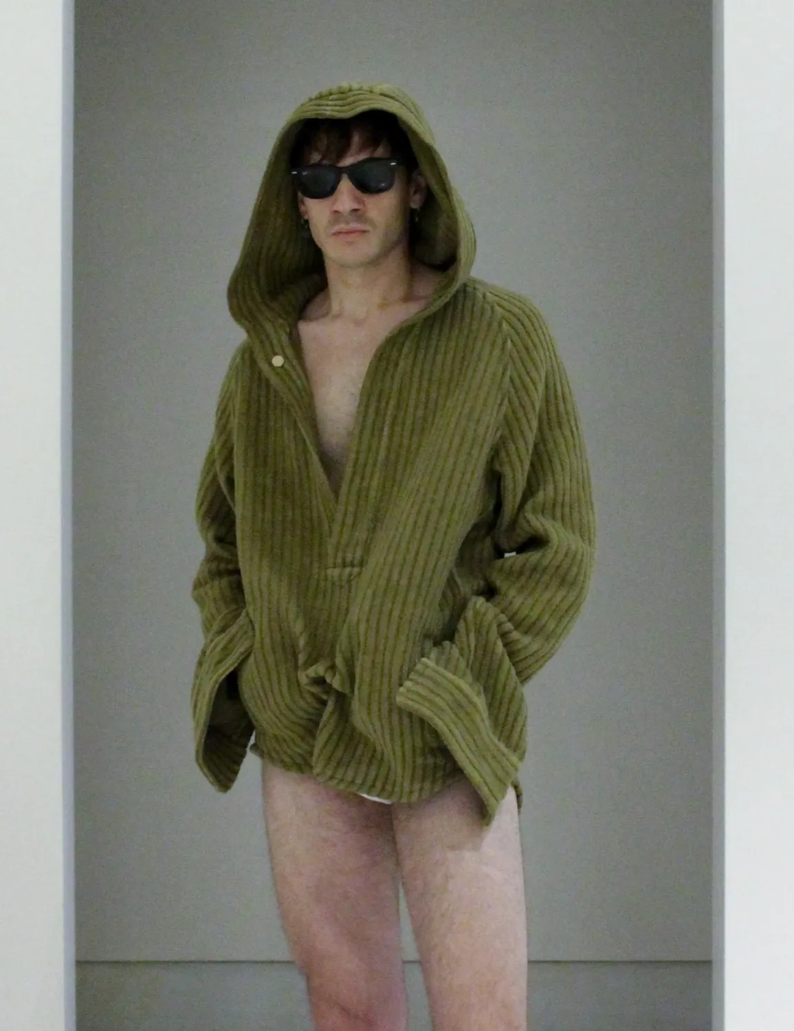 042.016 Hemp corduroy oversized hoodie - crafted from a blend of hemp and cotton, this eco-friendly hoodie offers a comfortable oversized fit and unique texture. Model Editorial Shooting 01