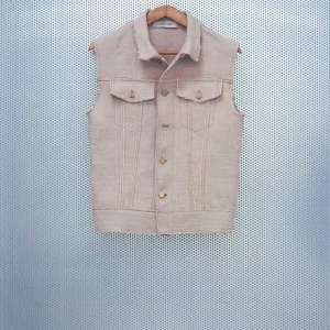 PRT.060.101 Doubled hemp denim vest, a unique piece crafted with doubled hemp fabric to achieve a substantial weight and vintage-inspired texture, with its raw seams and panel construction 