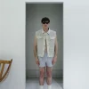 PRT.060.301 Handwoven Hemp Vest with Canvas Details and Brass Buttons Model Shooting Front