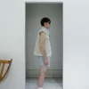 PRT.060.301 Handwoven Hemp Vest with Canvas Details and Brass Buttons Model Shooting Side