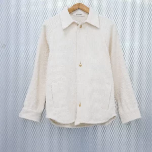 Chenille and hemp long shirt PRT.041.012 Jacquard fabric shirt, vertically ribbed, in hemp and long pile cotton chenille, brass hexagonal convertible cufflinks Front