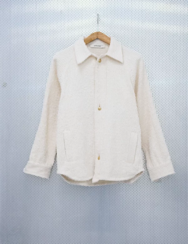 Chenille and hemp long shirt PRT.041.012 Jacquard fabric shirt, vertically ribbed, in hemp and long pile cotton chenille, brass hexagonal convertible cufflinks Front