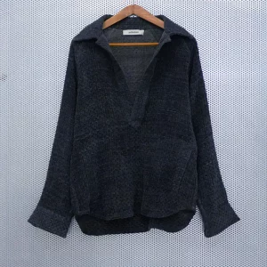 PRT.040.014 Hemp and Cotton Jacquard Polo Shirt / Check Pattern, Charcoal Grey Color Textile