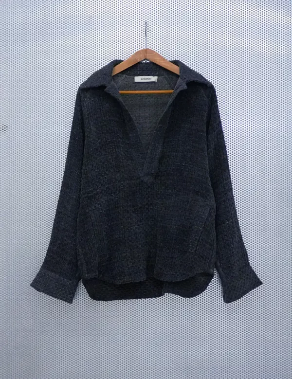 PRT.040.014 Hemp and Cotton Jacquard Polo Shirt / Check Pattern, Charcoal Grey Color Textile