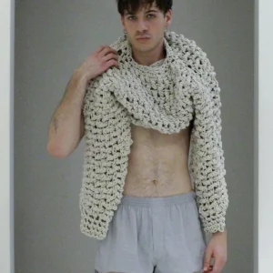 030.202 Oversize and perforated HEMP and SILK sweater, in a natural and stretchy macramé, handmade in Italy in 180 hours of work Editorial Model Shot Front