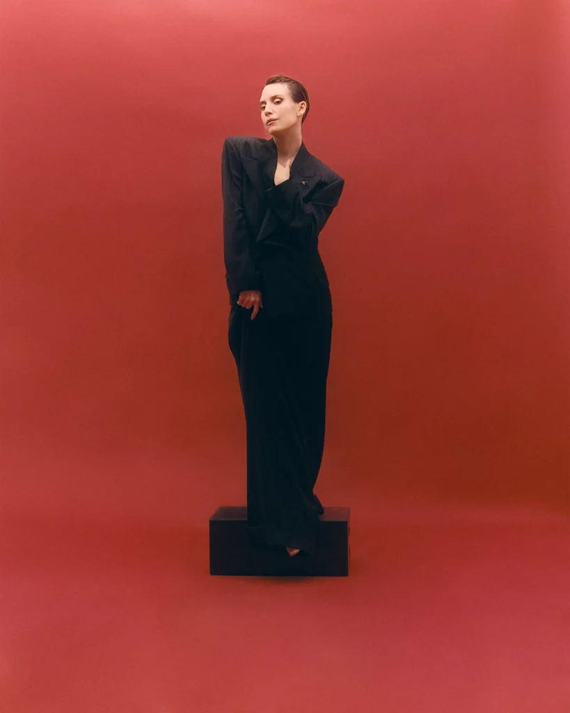 Lykke Li wearing full look Emporio Armani FW24 mens collection, shot by Kobe Wagstaff, styling Tamia Mathis