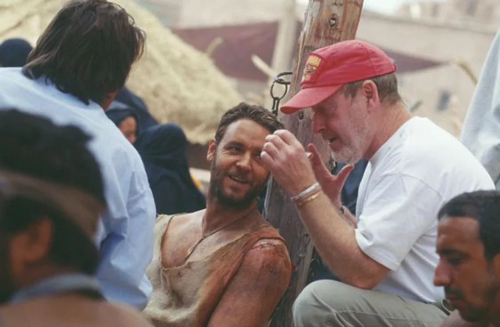 Ridlety Scott and Russell Crowe during the filming of Gladiator I, 2000