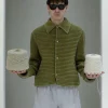 072.392 Velvet chenille corduroy hemp bomber jacket. Hemp and cotton fabric in a mud green color, with chenille knitted details_yarn ball