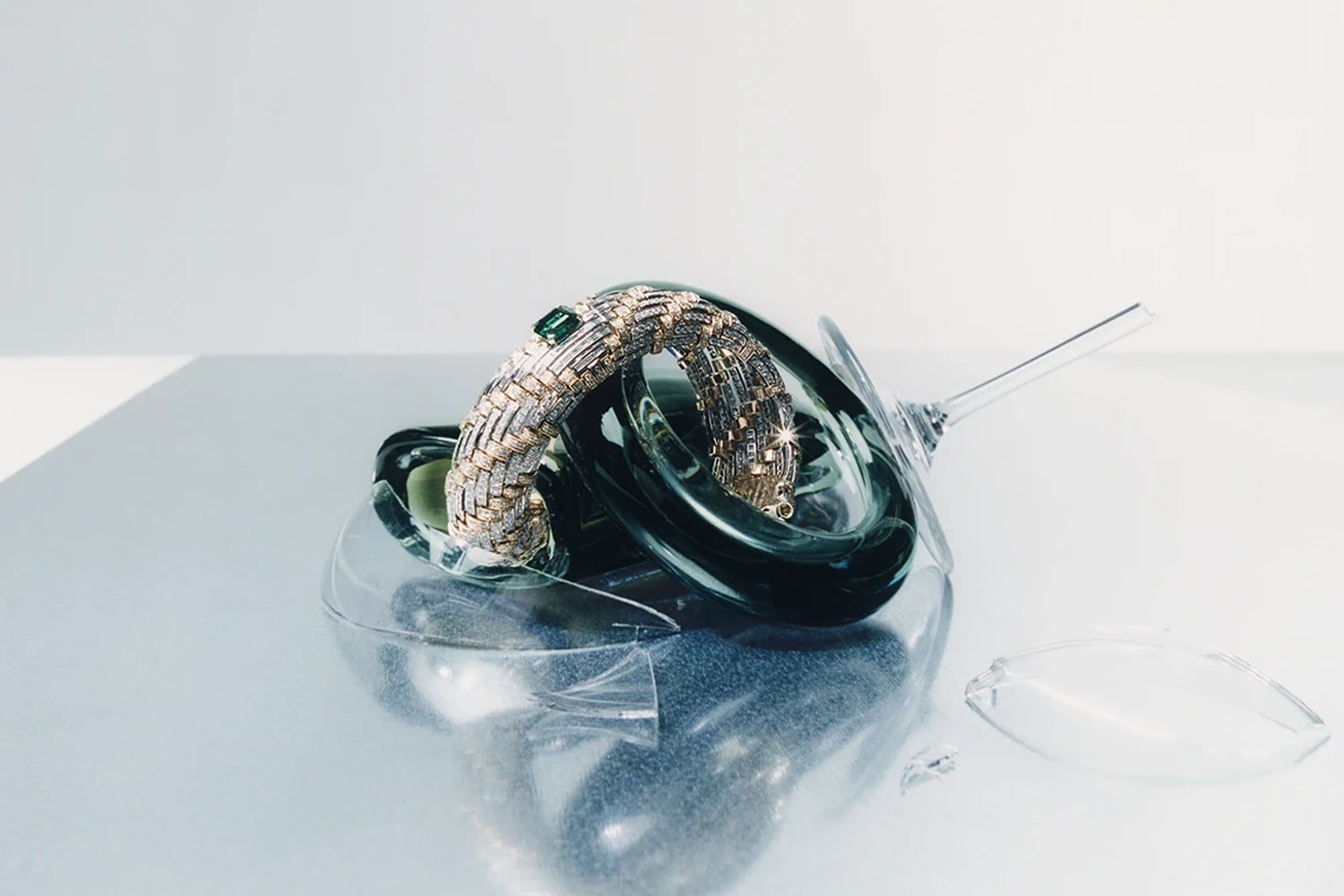 platinum and yellow gold Phenomenal watch with emerald and diamonds, Awakened Minds collection, Louis Vuitton High Jewelry