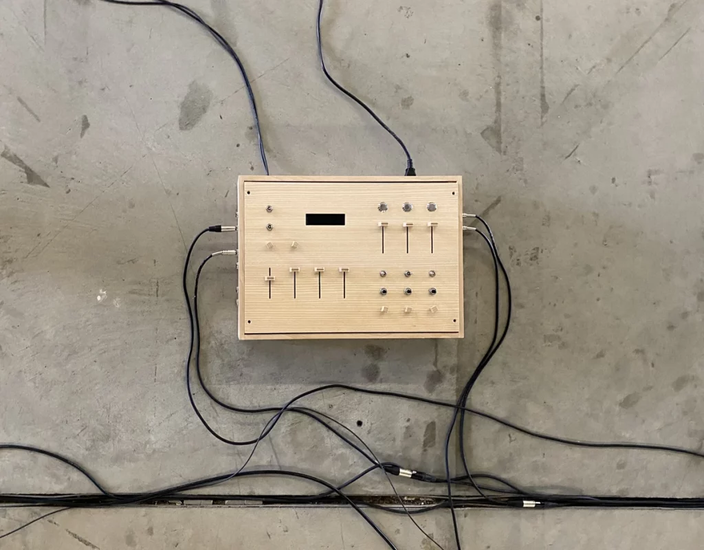 Made in Atoui’s studio, the control boxes are called “the brain.” There are four “brains” in the exhibition each with a small computer and other electronic devices. Pictured is the brain for Waters’ Witness.