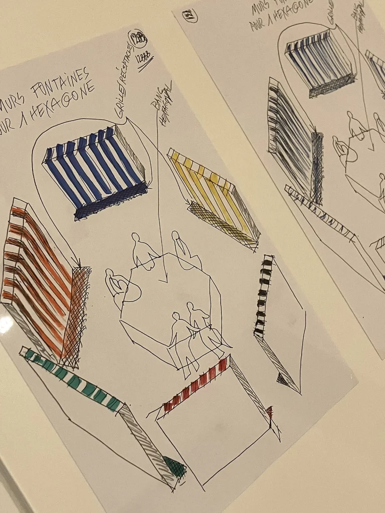 Disegni preparatori per Muri Fontane a tre colori per un esagono, lavoro in situ permanente per Villa Medicea La Magia, Quarrata