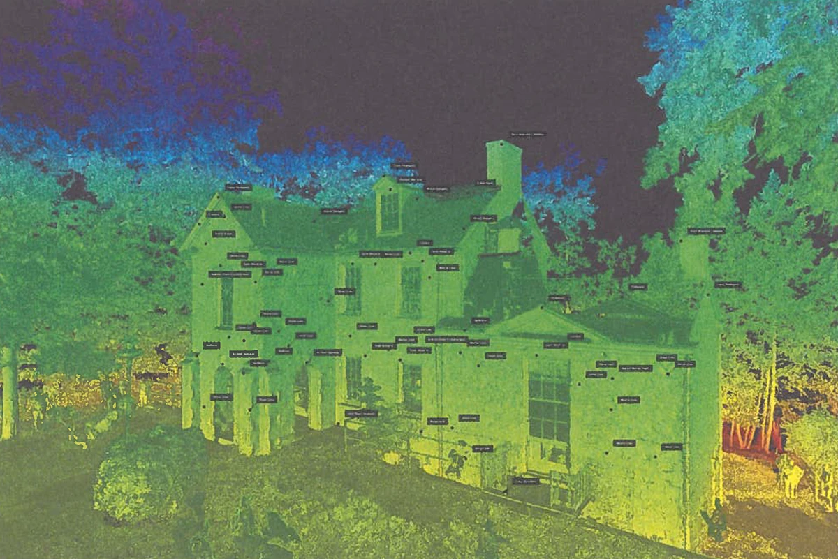 Reflected Heritage: Digital Cultural Landscapes of the US National Park Service, 2025 – Composite project drawing visualising thermal-lidar scans that merge historic architecture with its living environmental envelope
