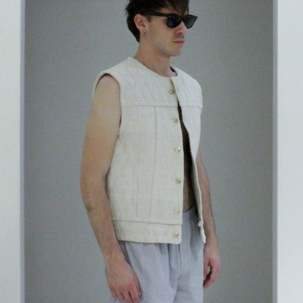 Hemp Canvas Vest, Matelassé pattern. Strong and raw with hexagonal cufflinks buttons