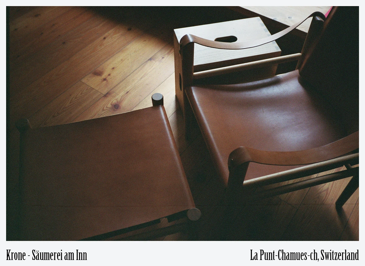 Close-up of reclaimed saddle-leather seating in sustainable design at Krone La Punt