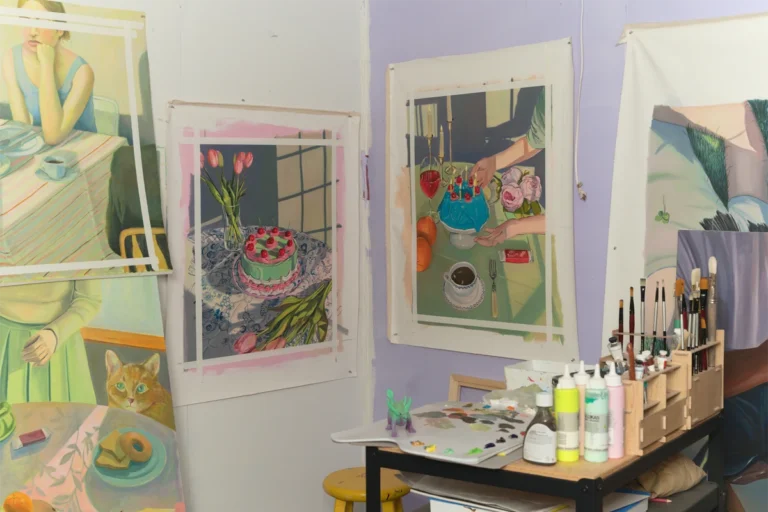 Deb Koo's Studio|Deb Koo Afternoon Festivities||Deb Koo Painting Cake For The Holidays|Deb Koo painting in her studio|Deb Koo photographed in her Studio|Loveseat