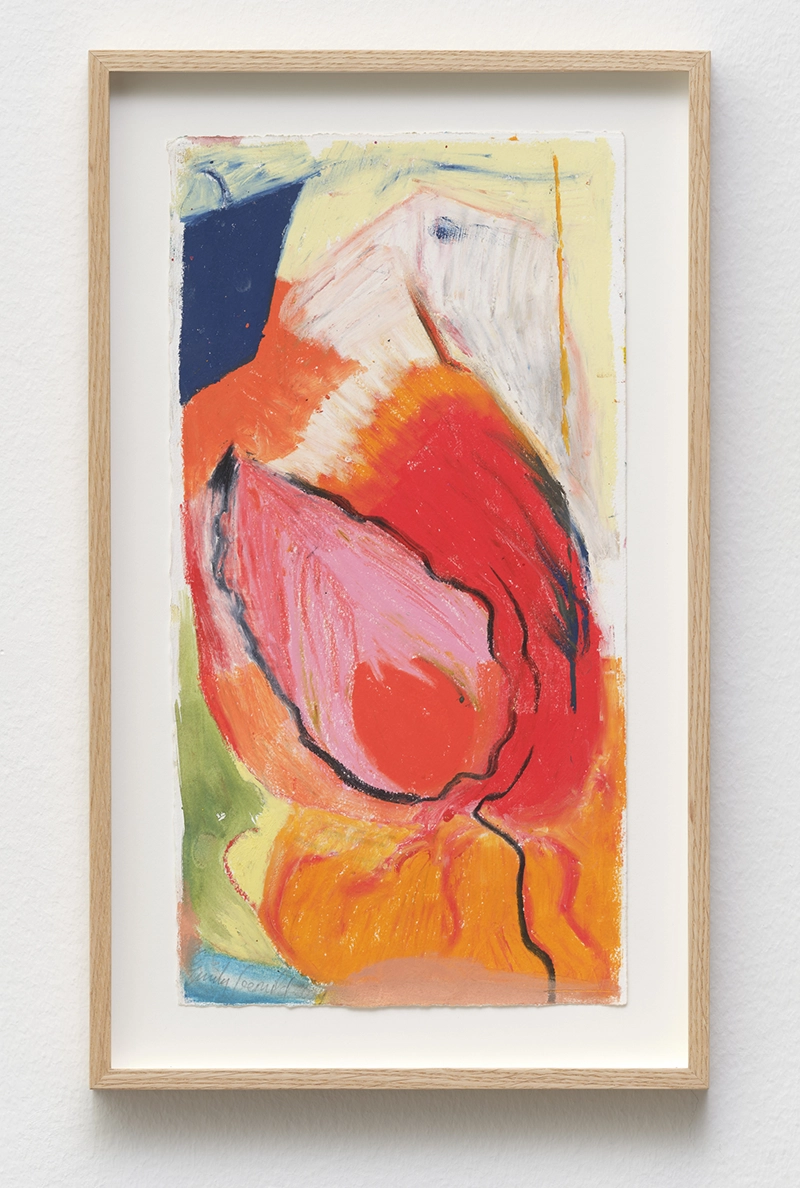 Emily Gernild, Pink Leaf Fire, 2024. Chalk oil pastel and watercolour on paper. 51.2. x 30.5 cm. Courtesy of the artist and Galleri Bo Bjerggaard
