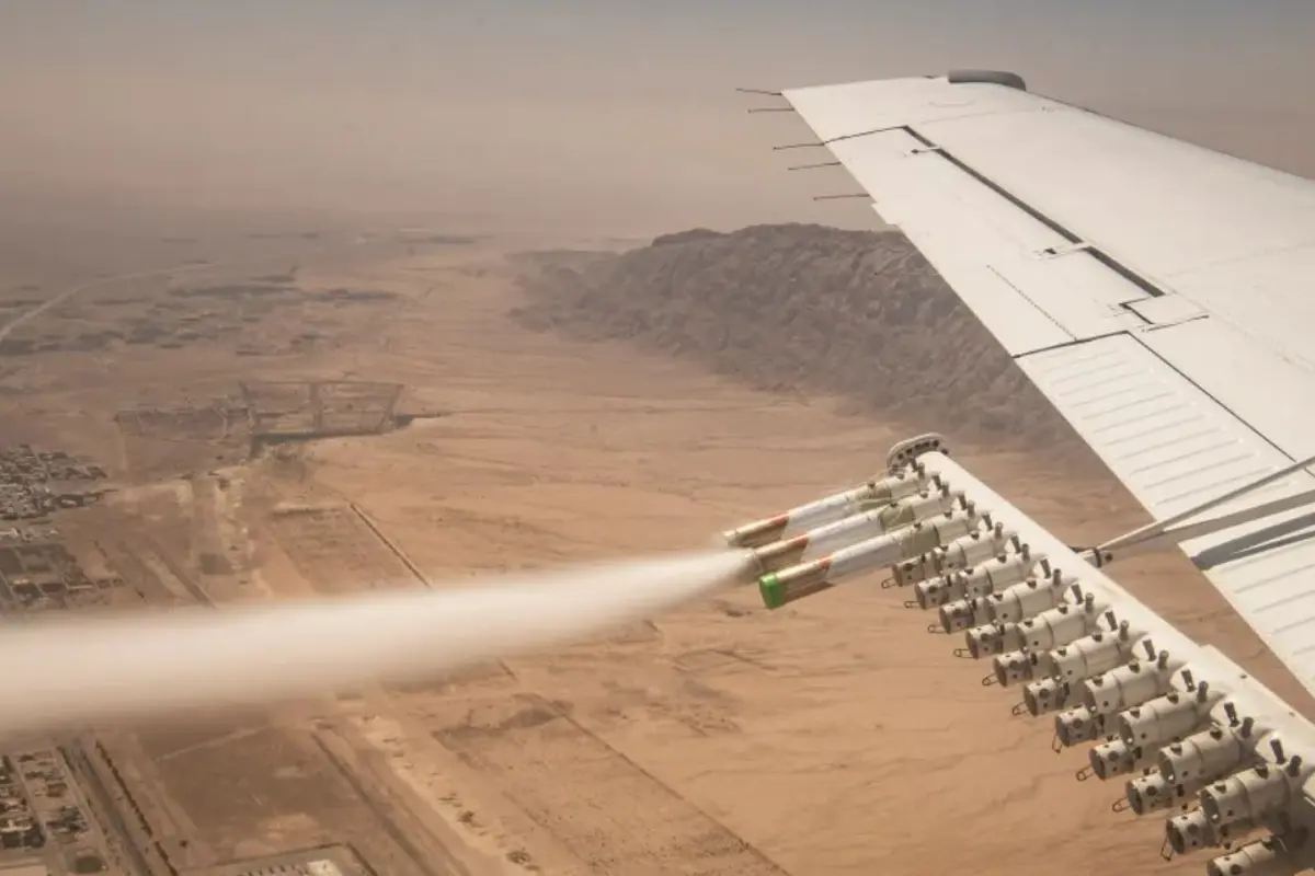 Experimental nanomaterial is released for the National Center of Meteorology and Seismology during a demonstration cloud seeding flight over in Al Ain United Arab Emirates
