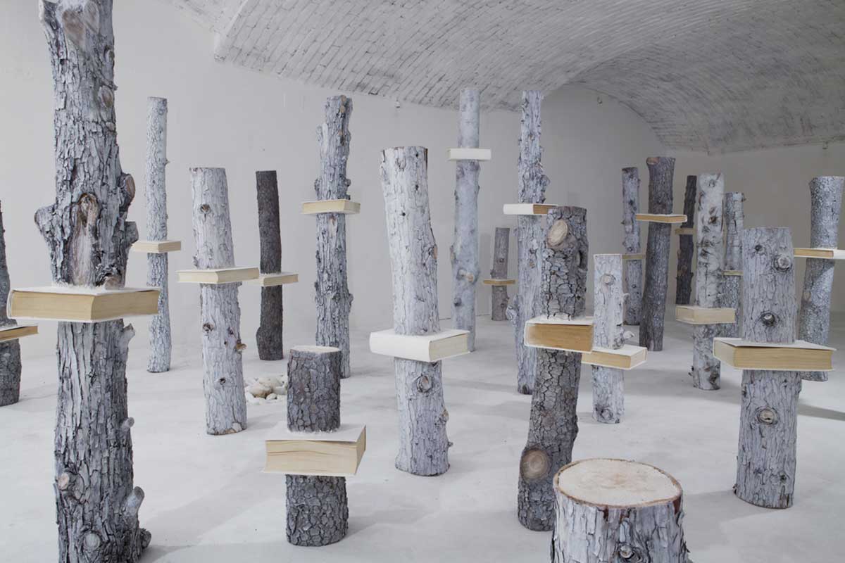 Tamara Ferioli, Idola, 2011,28 trees destined to the fire, 28 books destined for pulping, photography Alessandro Frangi