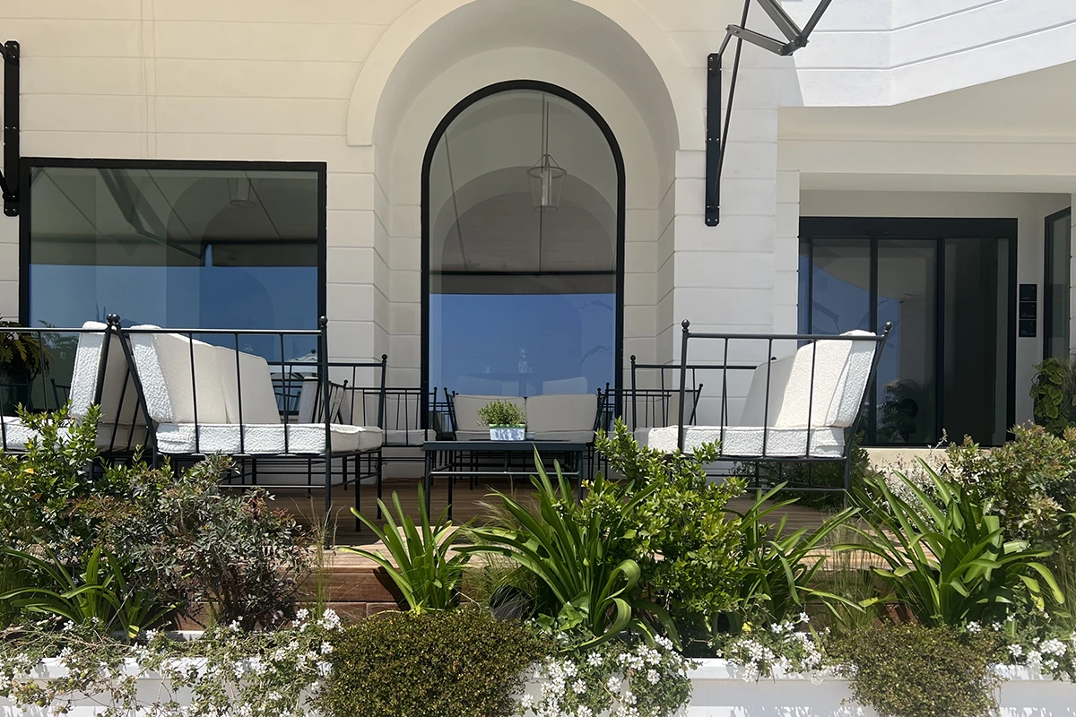 Furore Grand Hotel, arched façade and cliffside garden terrace.Furore Grand Hotel, arched façade and cliffside garden terrace