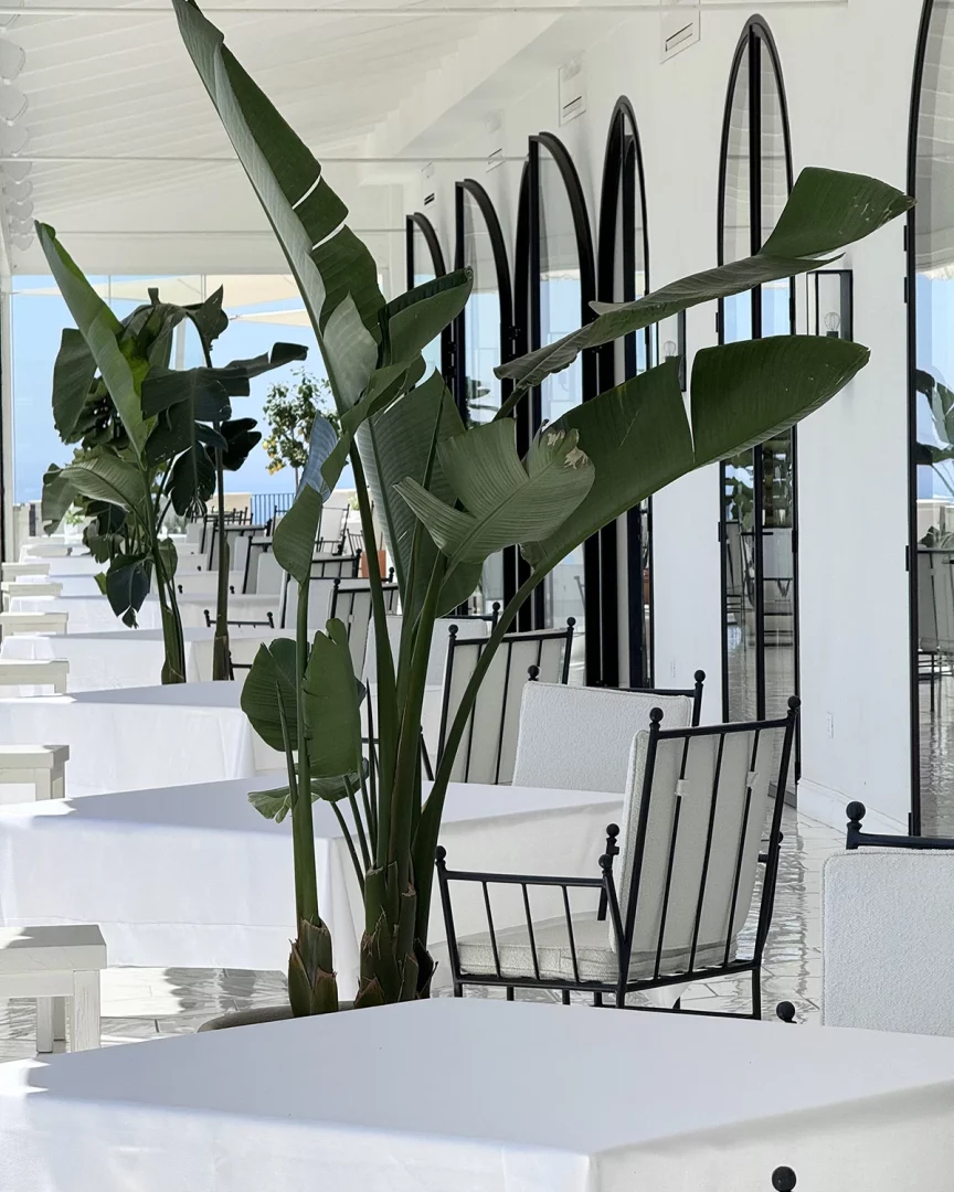 Furore Grand Hotel, dining veranda beneath arches and banana leaves