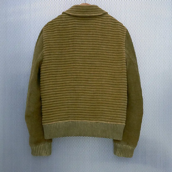 Velvet hemp bomber jacket. Hemp and cotton fabric in a mud green color, with chenille knitted details. Back Details.