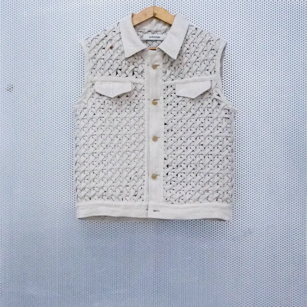 Handwoven Hemp Vest with Canvas Details and Brass Buttons