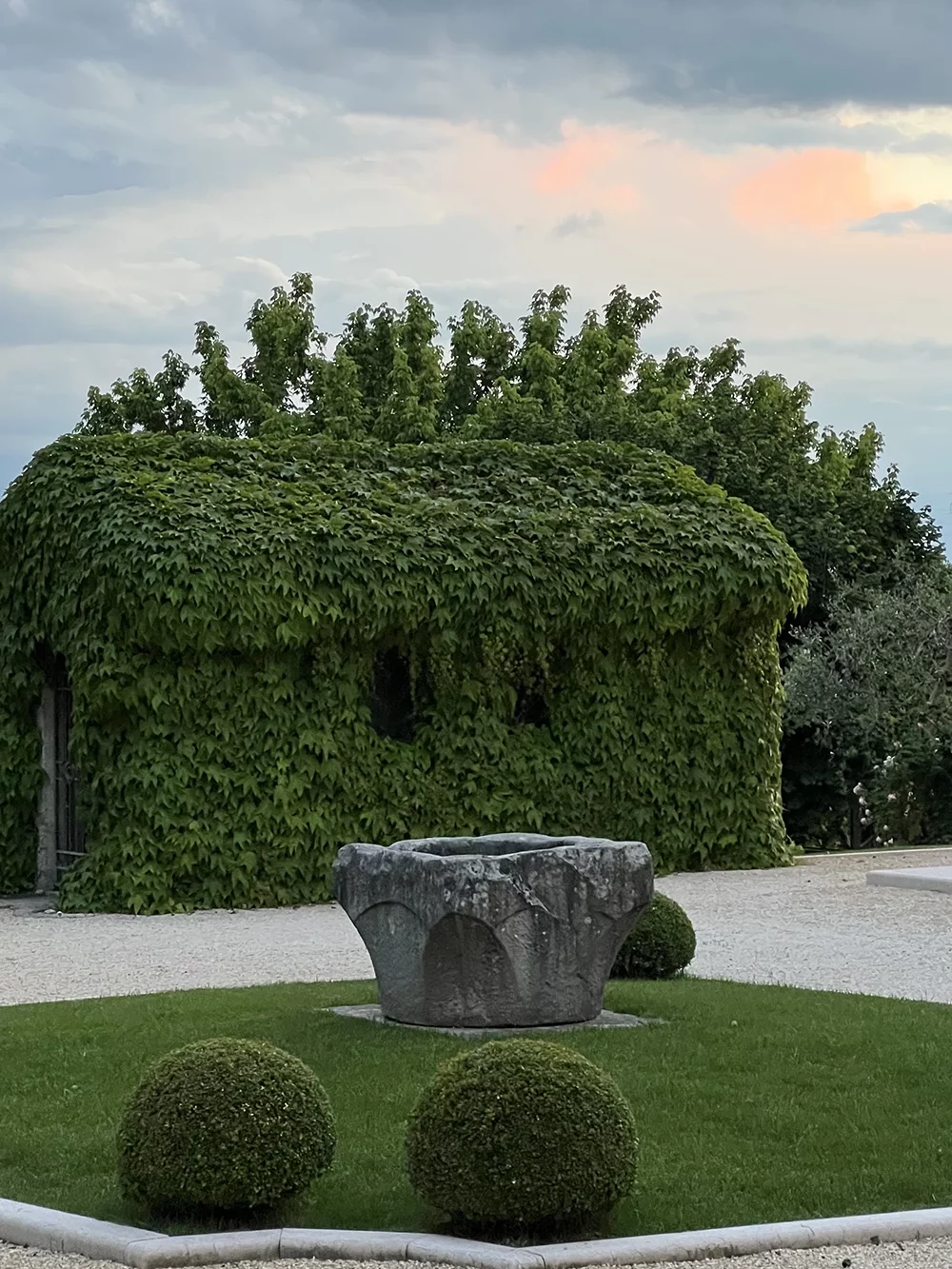 Ivy-covered turret at sunset